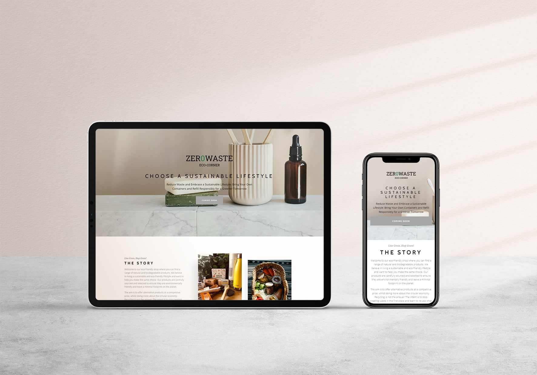 A close-up of two mobile devices, a phone and a tablet, both showing a website about zero waste and sustainable lifestyles.