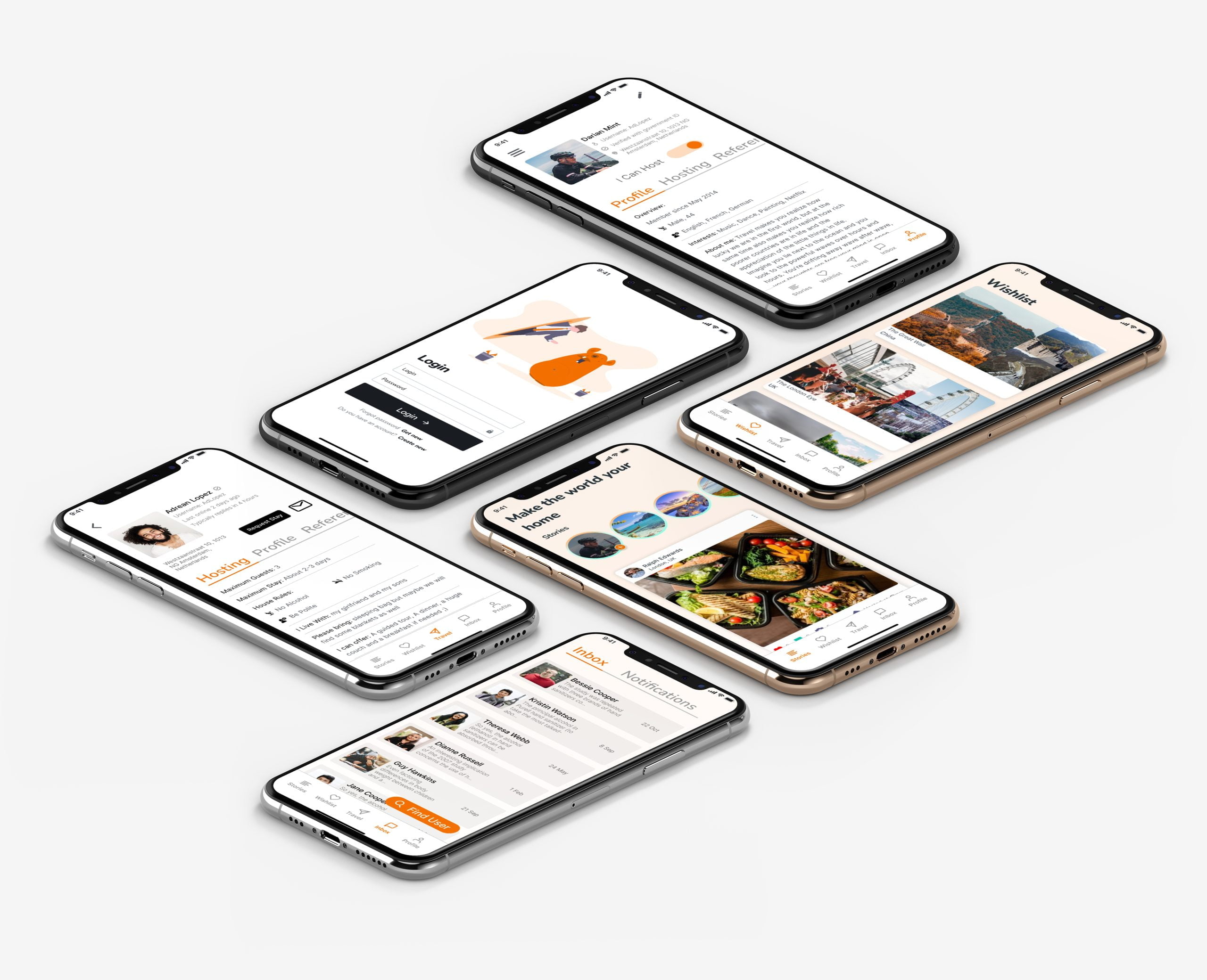 A mobile app mockup showcasing a hospitality service called "BeWelcome". It displays sections for profile hosting, a wishlist, login, inbox, notifications, and the tagline "Make the world your home".