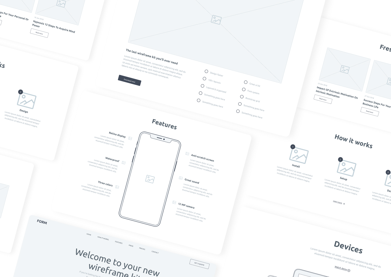 wireframe screenshots of a different webpages