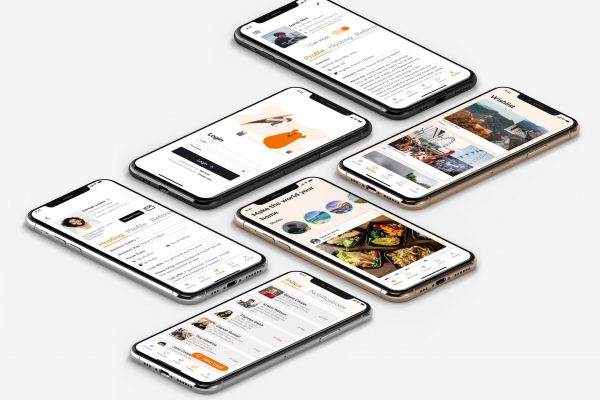 A mobile app mockup showcasing a hospitality service called "BeWelcome". It displays sections for profile hosting, a wishlist, login, inbox, notifications, and the tagline "Make the world your home".
